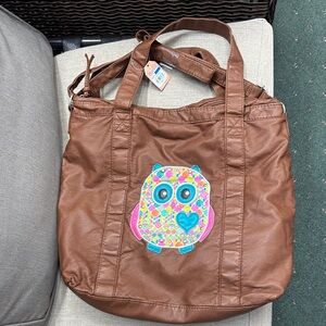 Mudd Brown Tote with Colorful Owl Embroidery